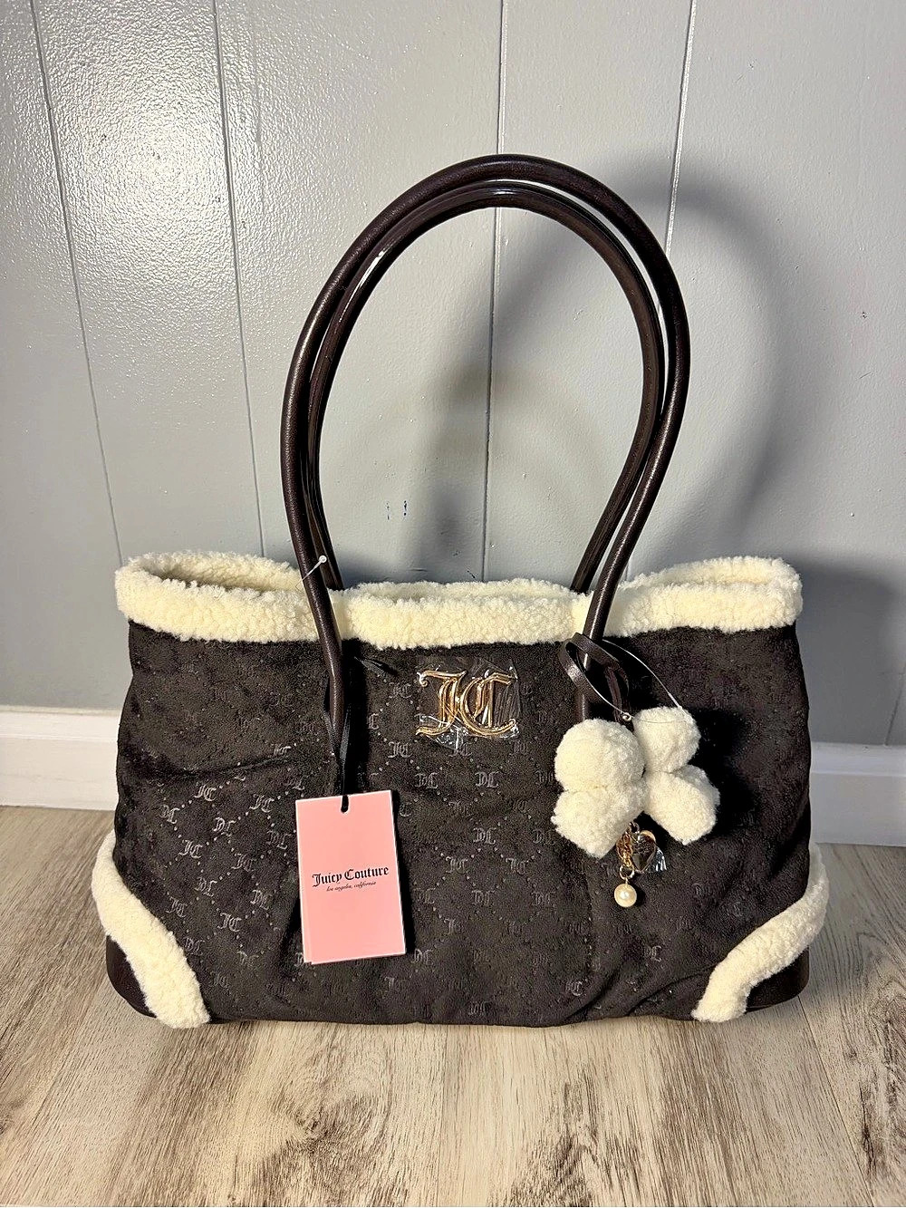 Juicy Couture Monogram-print Faux-Fur Trim Tote Bag Black & White